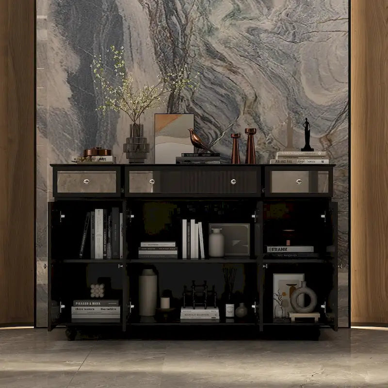 55" Mirrored Credenza Sideboard Buffet Cabinet with Bookcase