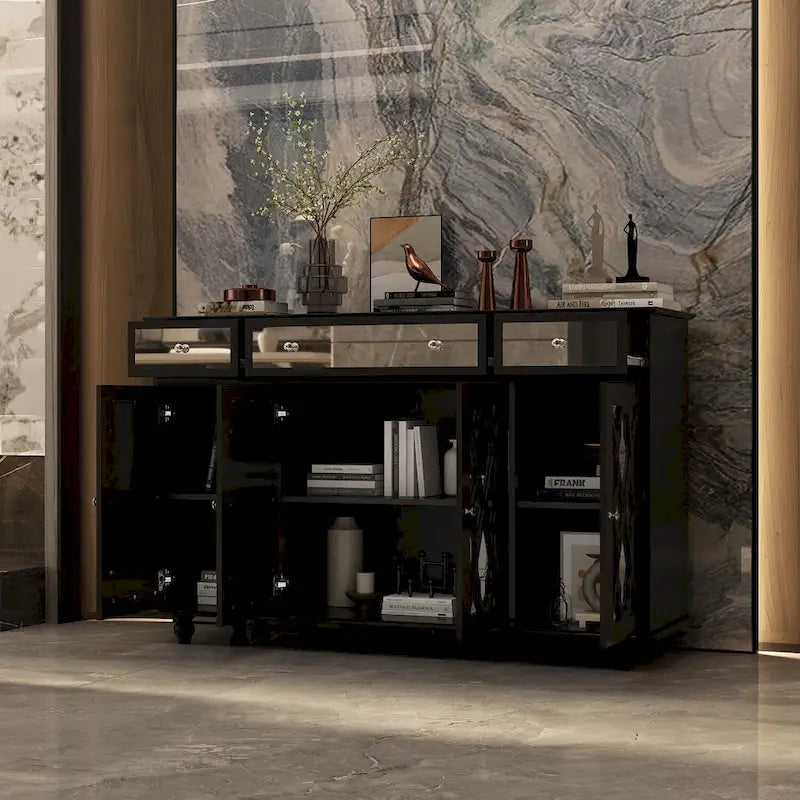 55" Mirrored Credenza Sideboard Buffet Cabinet with Bookcase