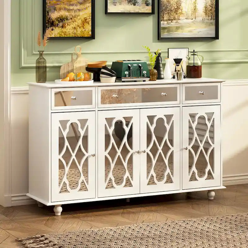 55" Mirrored Credenza Sideboard Buffet Cabinet with Bookcase
