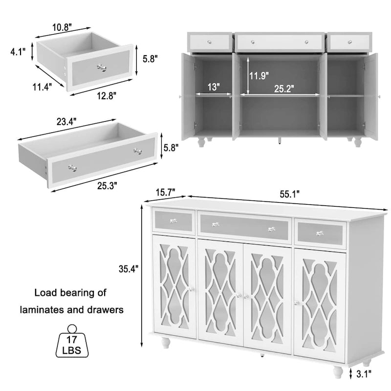 55" Mirrored Credenza Sideboard Buffet Cabinet with Bookcase