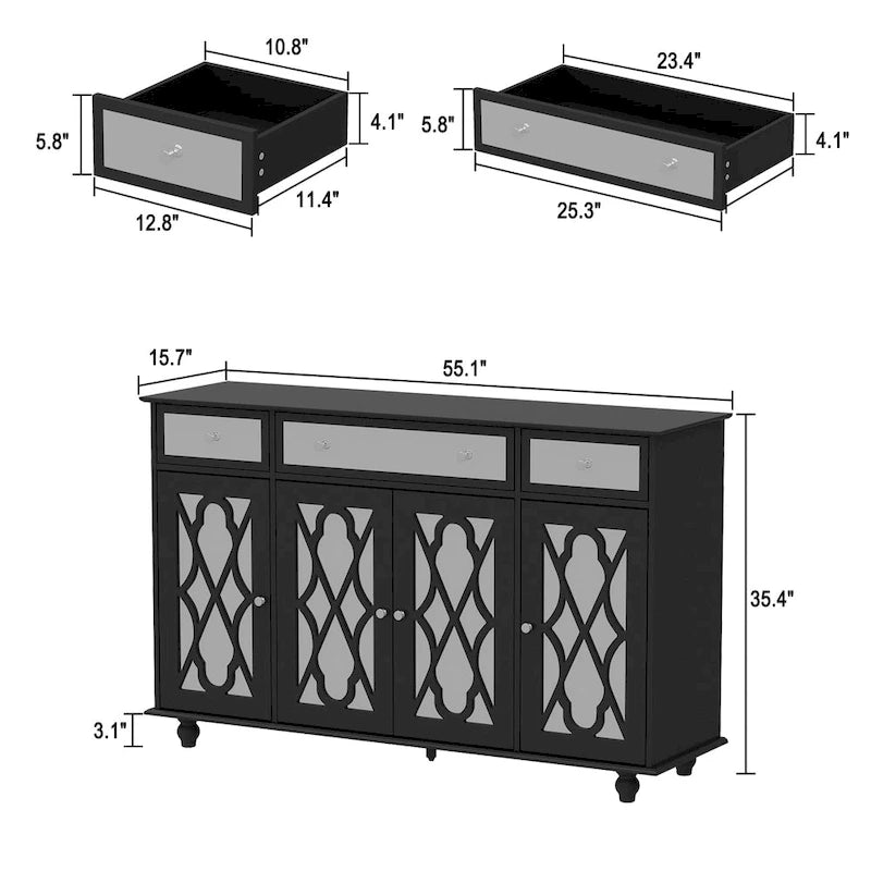 55" Mirrored Credenza Sideboard Buffet Cabinet with Bookcase