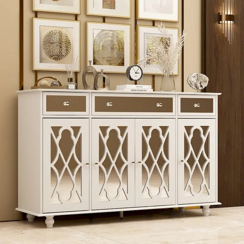 55" Mirrored Credenza Sideboard Buffet Cabinet with Bookcase