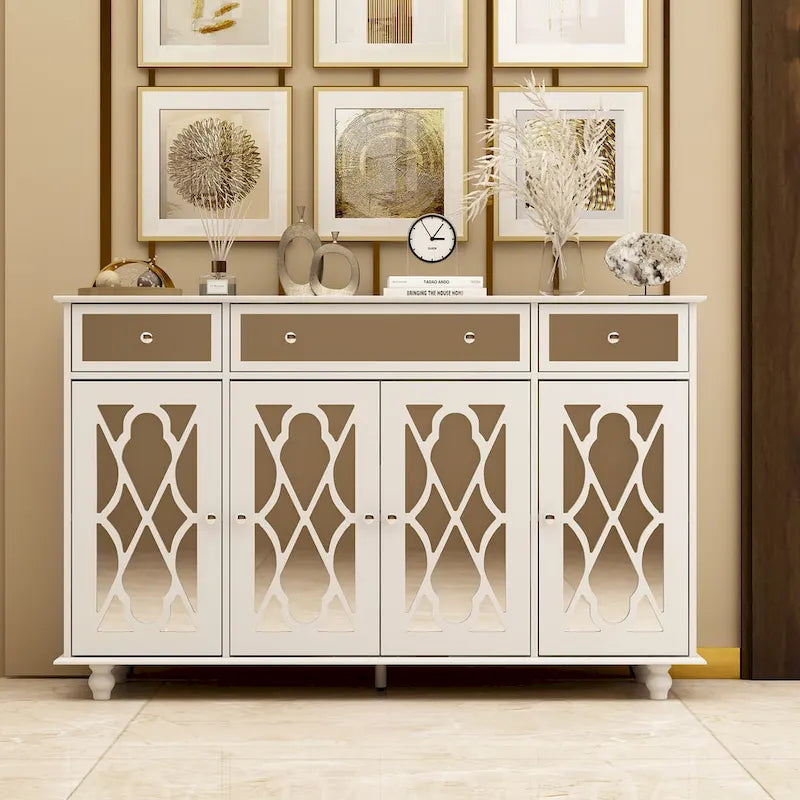 55" Mirrored Credenza Sideboard Buffet Cabinet with Bookcase