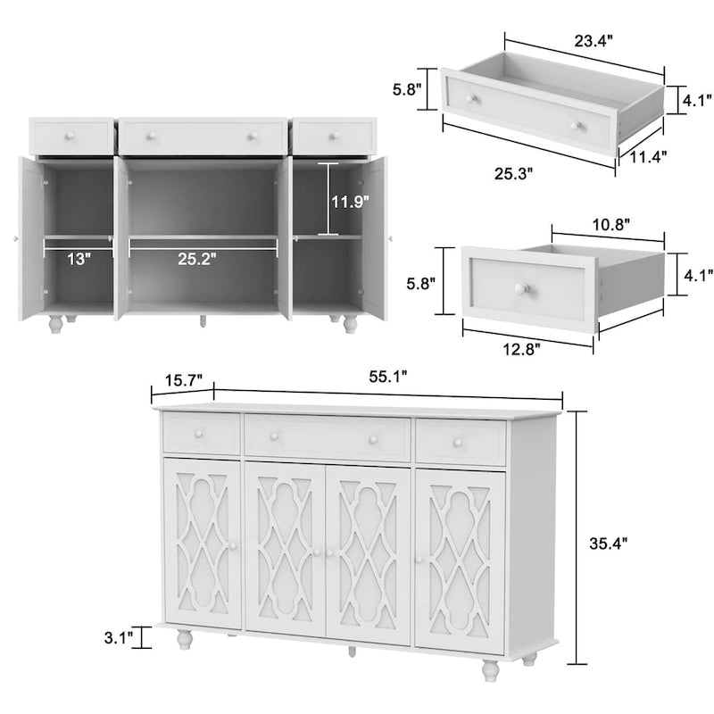 55" Mirrored Credenza Sideboard Buffet Cabinet with Bookcase