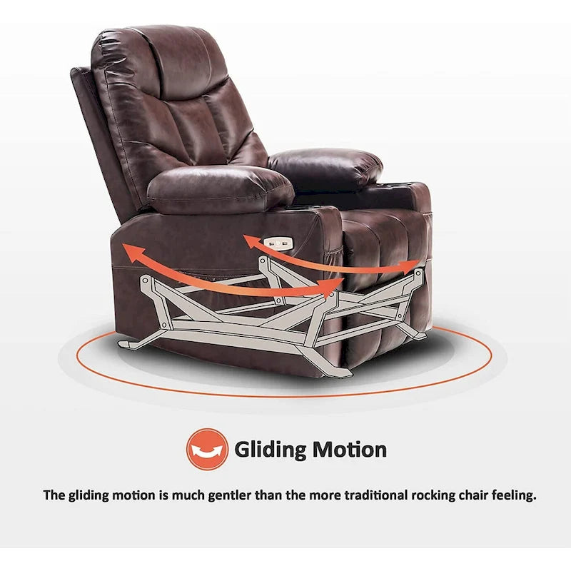 Manual Glider Rocker Recliner Chair with USB Ports, Faux Leather