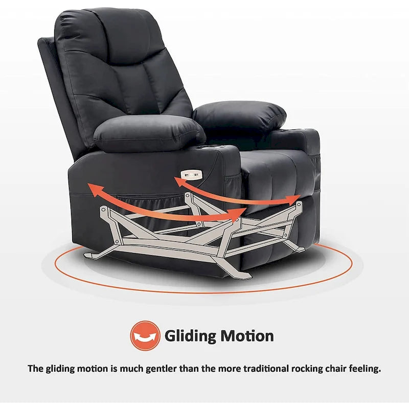 Manual Glider Rocker Recliner Chair with USB Ports, Faux Leather