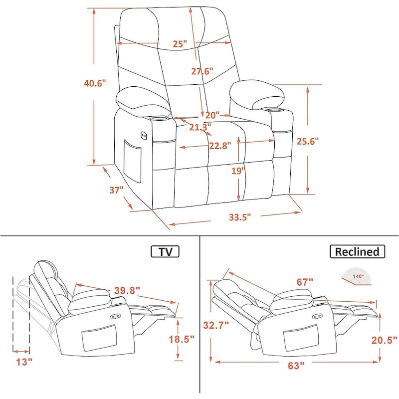 Manual Glider Rocker Recliner Chair with USB Ports, Faux Leather