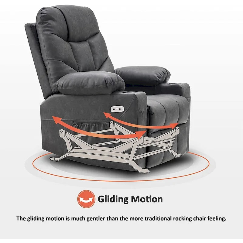 Manual Glider Rocker Recliner Chair with USB Ports, Faux Leather