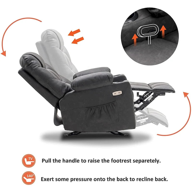 Manual Glider Rocker Recliner Chair with USB Ports, Faux Leather