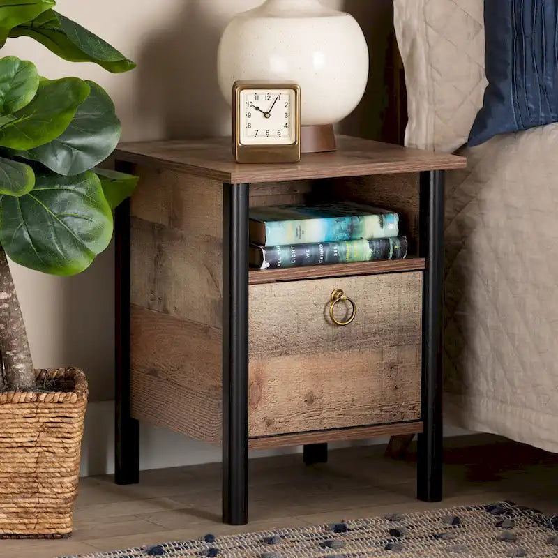 Modern Rustic Oak Brown and Black Finished Wood Nightstand
