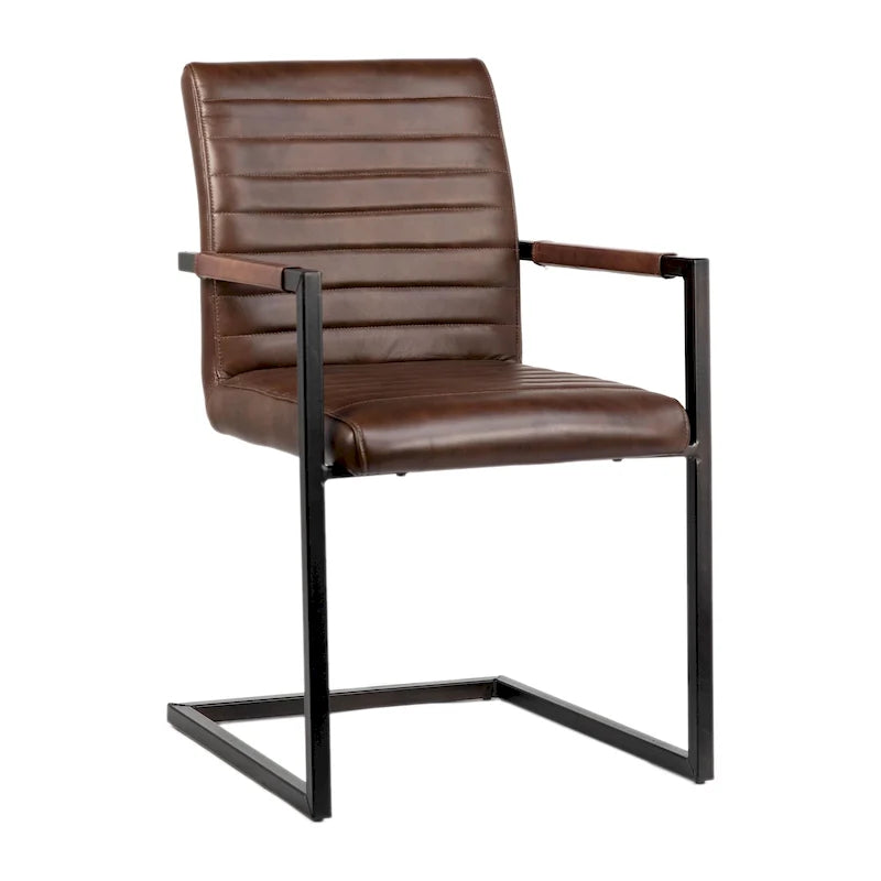 Genuine Full Grain Leather and Steel Modern Dining Arm Chair