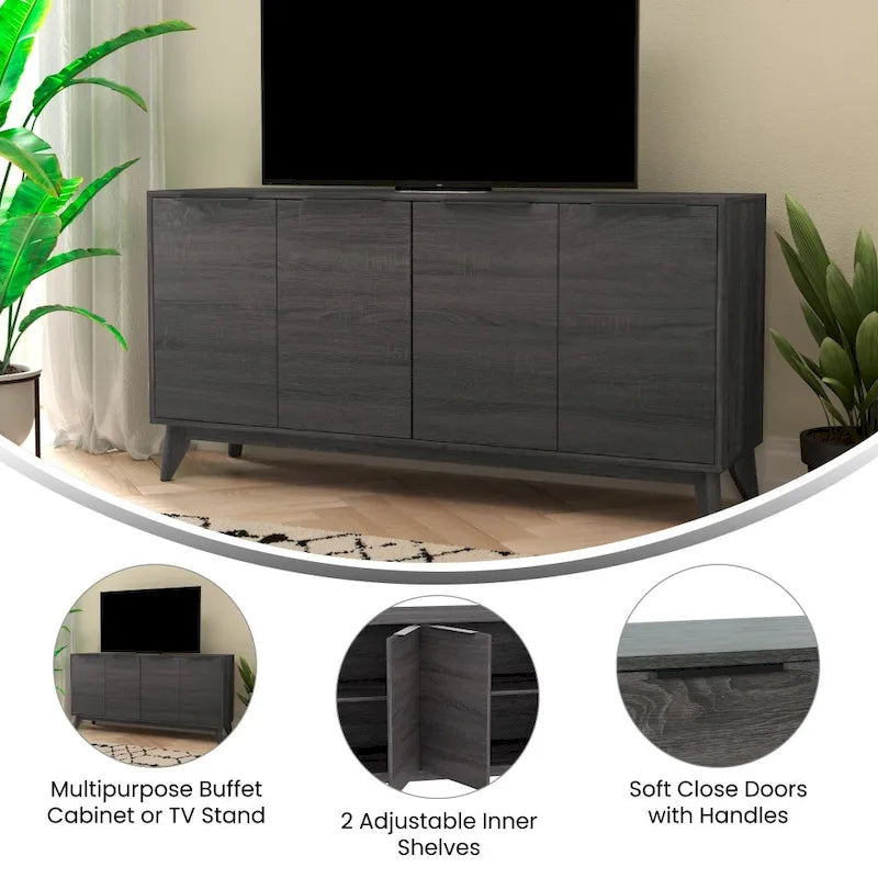 60 Buffet Cabinet with 4 Soft Close Doors and Adjustable Shelves - 15.75D x 59.25W x 29.75H