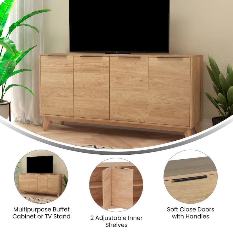 60 Buffet Cabinet with 4 Soft Close Doors and Adjustable Shelves - 15.75D x 59.25W x 29.75H