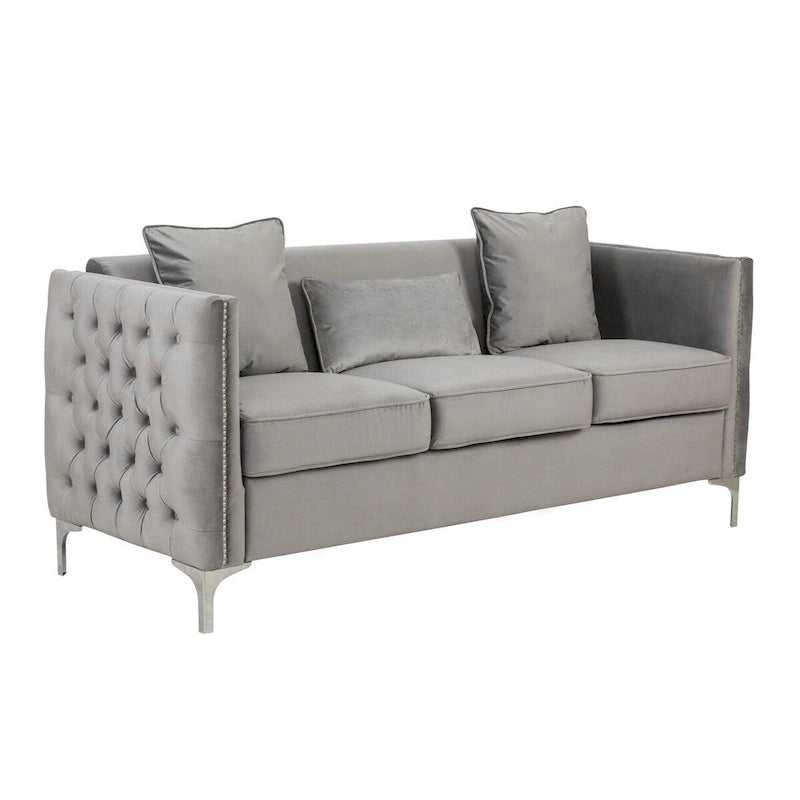 73 Inch Modern Sofa with 3 Pillows, Tufted Gray Velvet, Silver Legs