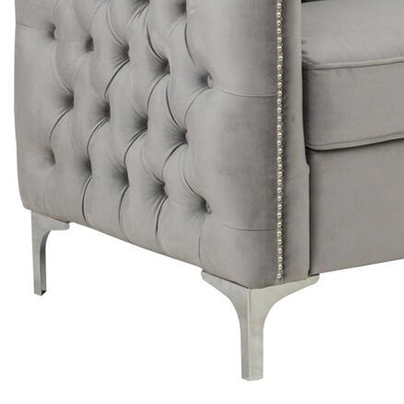 73 Inch Modern Sofa with 3 Pillows, Tufted Gray Velvet, Silver Legs