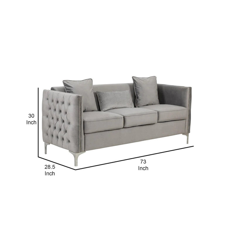 73 Inch Modern Sofa with 3 Pillows, Tufted Gray Velvet, Silver Legs